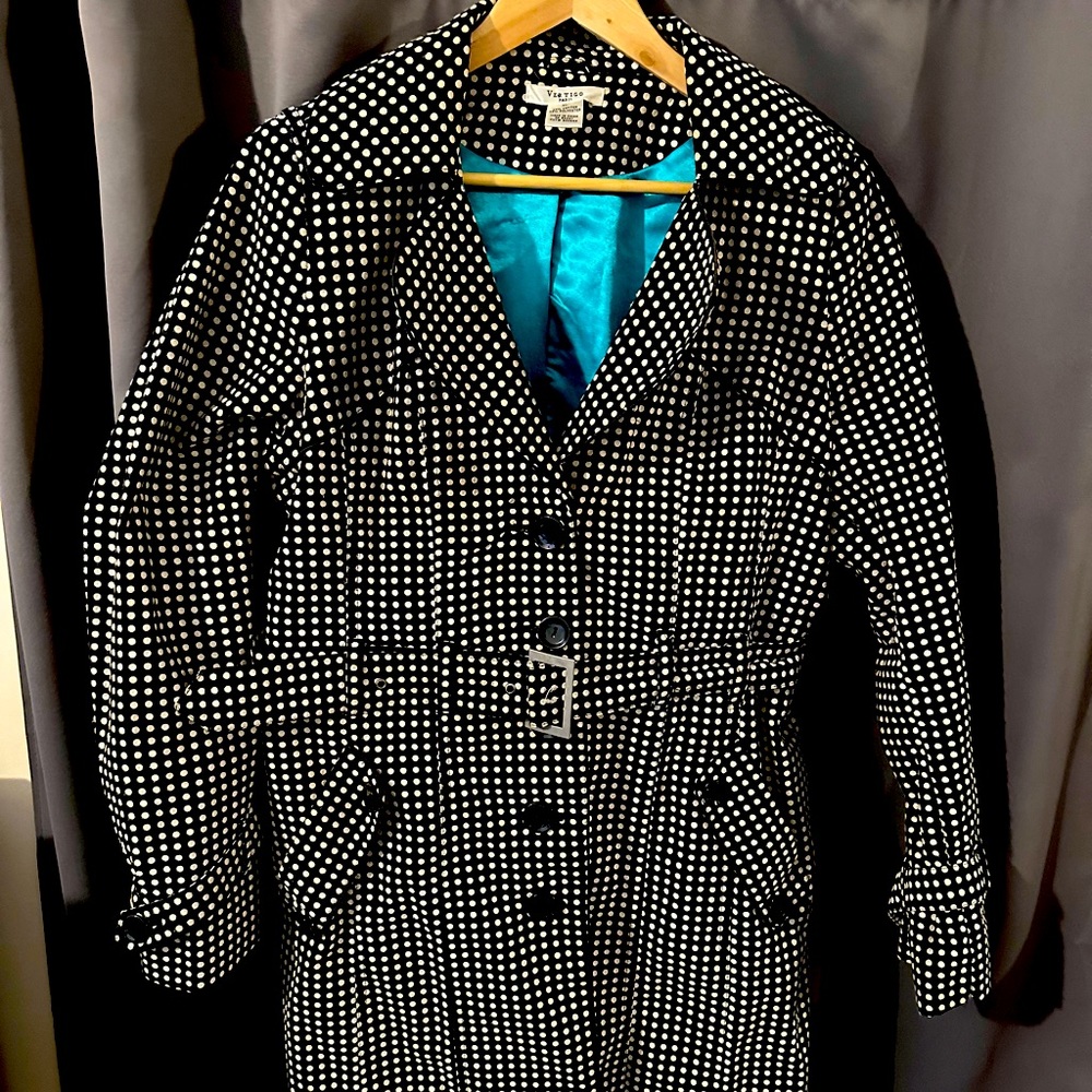 Black & white polkadot trench coat